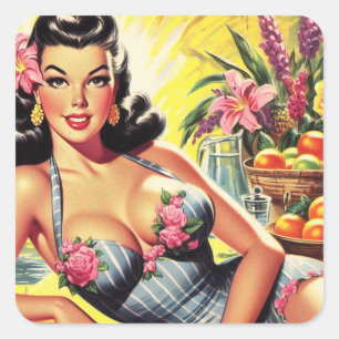 Sticker Carré Retro Tropical Summer Pin up