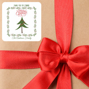 Sticker Carré Retro Vintage Christmas Tree & Wreath Nom de famil