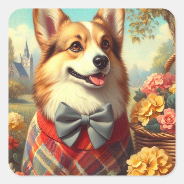 Sticker Carré Retro Welsh Corgi Cardigan Peinture (Devant)