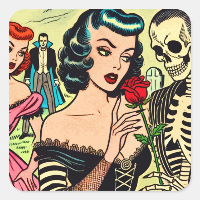 Sticker Carré Retro Witch Vampire Girl Horror Comics (Devant)