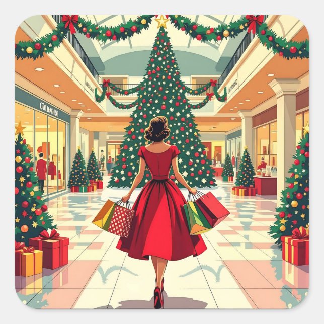 Sticker Carré Retro Woman Shopping Mid Century Christmas (Devant)