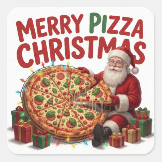Sticker Carré Réveillon de Noël Pizza Santa Célébration