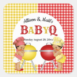 Sticker Carré Révélation du sexe Rouge Jaune Gingham Bébé Q BBQ
