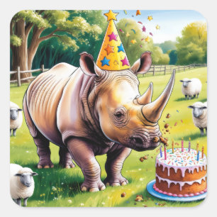 Sticker Carré Rhino portant le casquette d'anniversaire dans le 