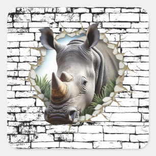Sticker Carré Rhinoceros 3D Wall Break Art - Safari réaliste