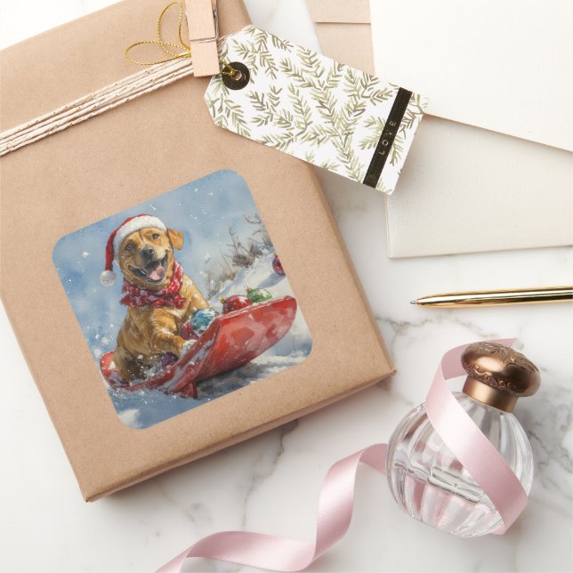 Sticker Carré Rhodesian Ridgeback Dog dans Sledge Noël (Cadeaux)