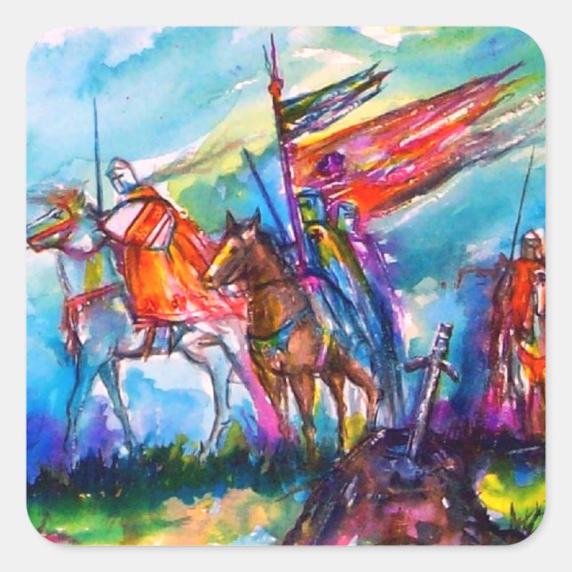 Sticker Carré RIDERS DANS LA TEMPÊTE Chevaliers Médiévaux Horseb (Devant)