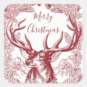 Sticker Carré Rinder de Noël Rouge Joyeux Avec Boughs