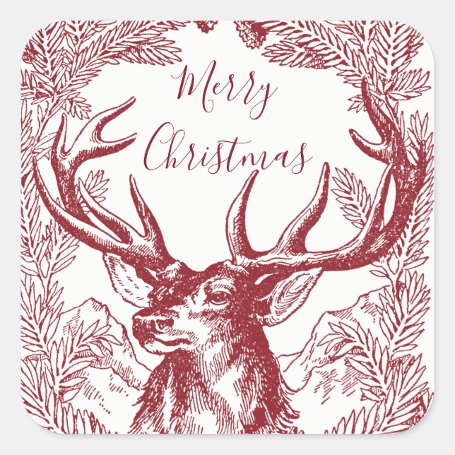 Sticker Carré Rinder de Noël Rouge Joyeux Avec Boughs (Devant)