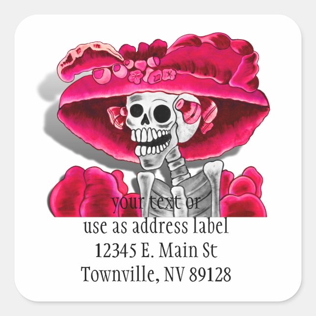 Sticker Carré Rire Skeleton Woman dans Red Bonnet (Devant)