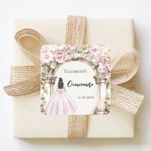 Sticker Carré Robe d'arch en marbre à fleurs roses Quinceanera