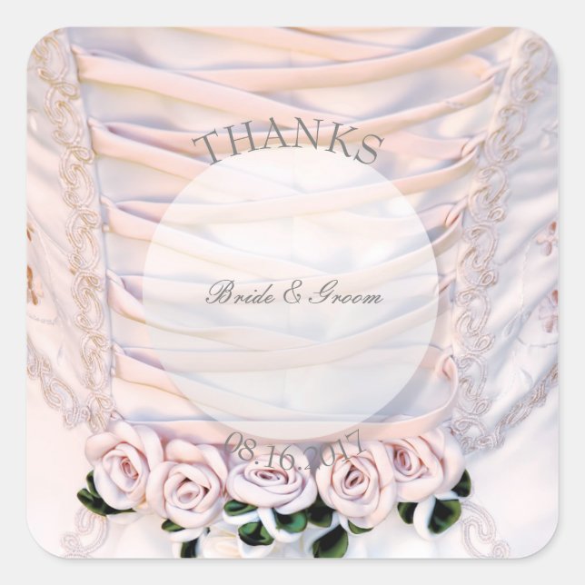 Sticker Carré Robe de mariée blanche avec Mariage Rose (Devant)