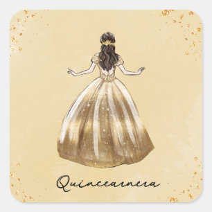 Sticker Carré Robe d'or avec Parties scintillant Quinceanera Ann