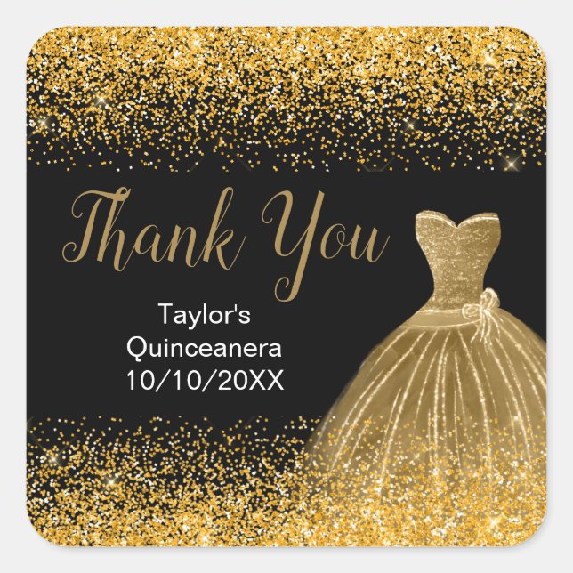 Sticker Carré Robe Or Faux Parties scintillant Quinceanera (Devant)