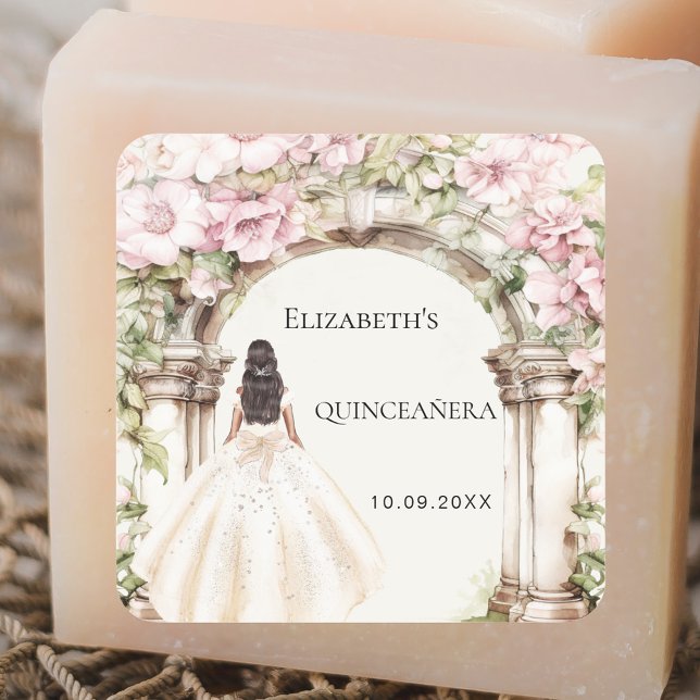 Sticker Carré Robe rose florales en marbre arche Quinceanera (Créateur téléchargé)