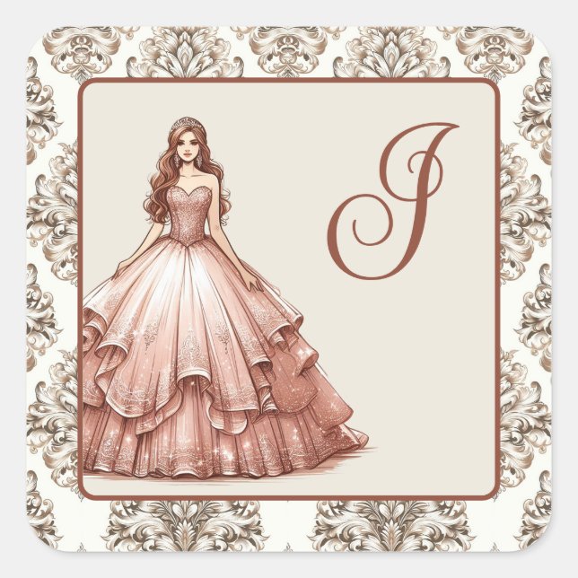 Sticker Carré Robe rose Gold Quinceañera (Devant)
