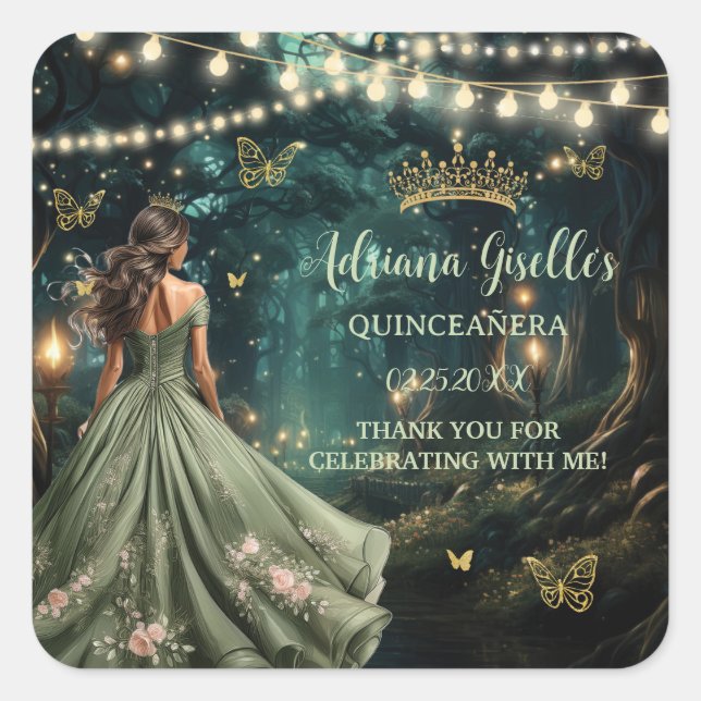 Sticker Carré Robe verte de la forêt enchantée Quinceañera 16e (Devant)