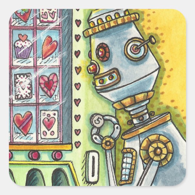 STICKER CARRÉ ROBOT À LA RECHERCHE D'AMOUR, COEUR FOURNISSANT MA (Devant)