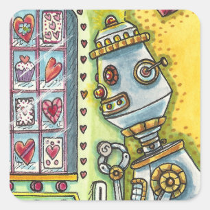 STICKER CARRÉ ROBOT À LA RECHERCHE D'AMOUR, COEUR FOURNISSANT MA