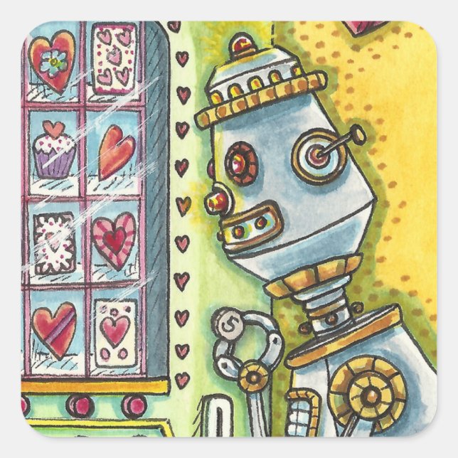 STICKER CARRÉ ROBOT À LA RECHERCHE D'AMOUR, COEUR FOURNISSANT MA (Devant)