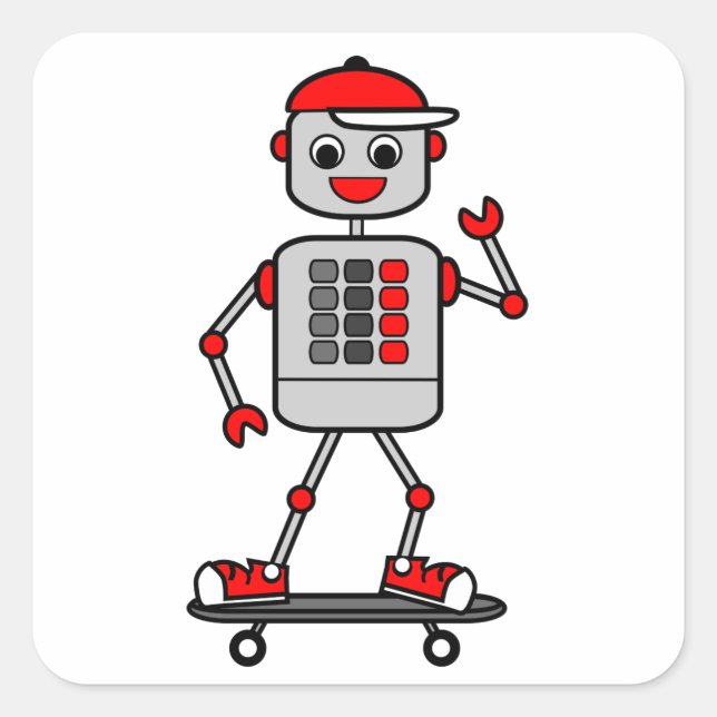 Sticker Carré Robot gris-dessin portant un Casquette rouge sur s (Devant)