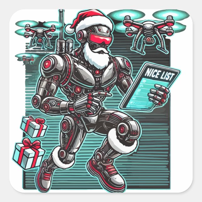 Sticker Carré Robot Père Noël propulsé par IA avec drones et Noë (Devant)