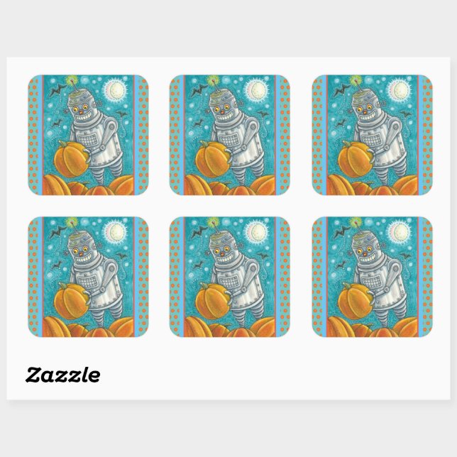 STICKER CARRÉ ROBOT PICER CITROUILLES, HALLOWEEN HOMME MÉCANIQUE (Feuille)