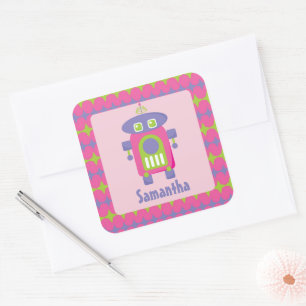 Sticker Carré Robot rétro-personnalisé rose, violet et vert