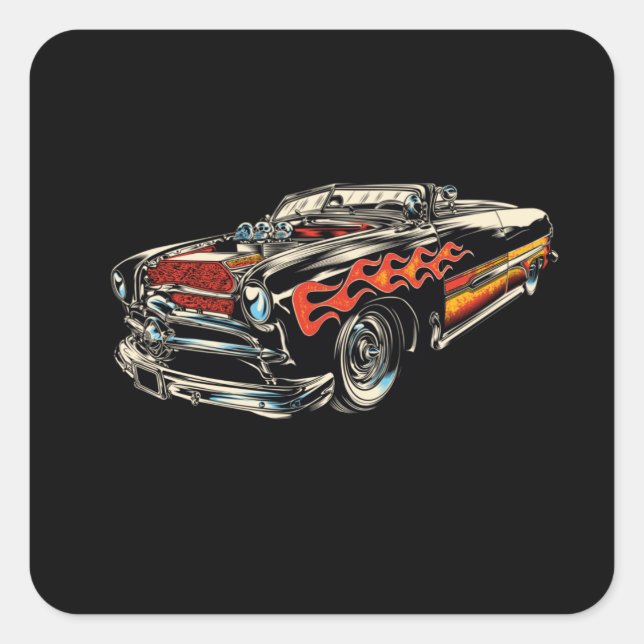 Sticker Carré Rockabilly - Hotrod Car Flames - neg (Devant)