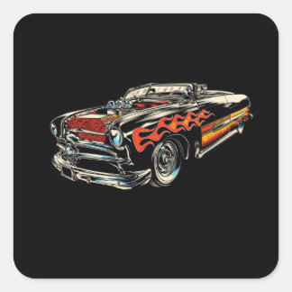 Sticker Carré Rockabilly - Hotrod Car Flames - neg