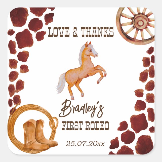 Sticker Carré Rodeo cowboy anniversaire vache motif poney (Devant)