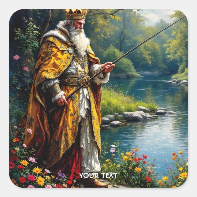 Sticker Carré Roi mignon de fantaisie pêchant dans la rivière (Devant)