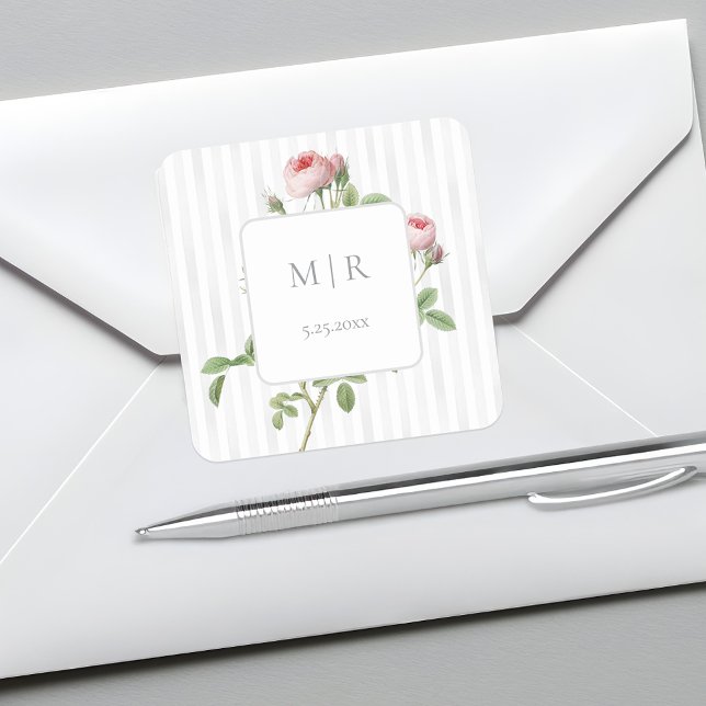 Sticker Carré Romantic Chic French Rose Botanical Wedding (Créateur téléchargé)