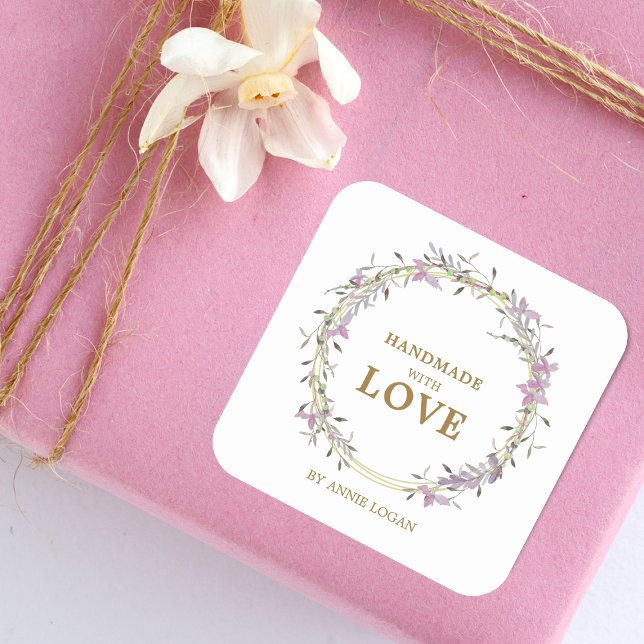 Sticker Carré Romantique artisanal avec Love Lilac Floral Wreath (Créateur téléchargé)
