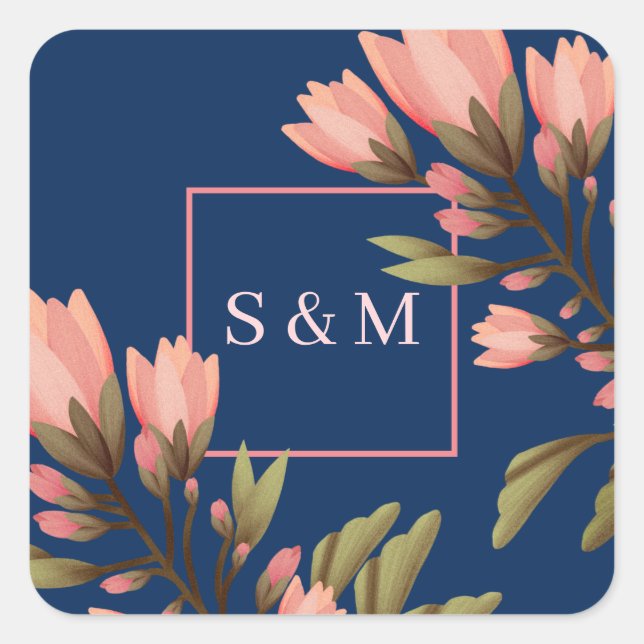 Sticker Carré Romantique bleu foncé et fleurs rose carré autocol (Devant)