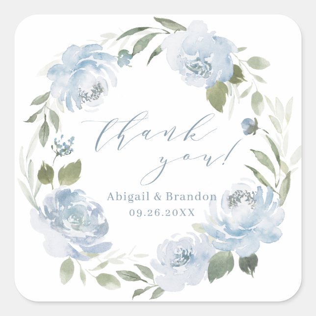 Sticker Carré Romantique bleu poussiéreux floral merci mariage (Devant)
