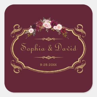 Sticker Carré Romantique Bourgogne Marsala Floral Mariage de aut
