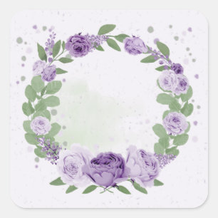 Sticker Carré romantique fleurs violettes vert feuille botanique