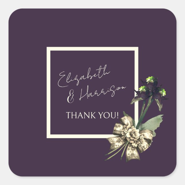 Sticker Carré Romantique Plum sombre ivoire Script Mariage Merci (Devant)