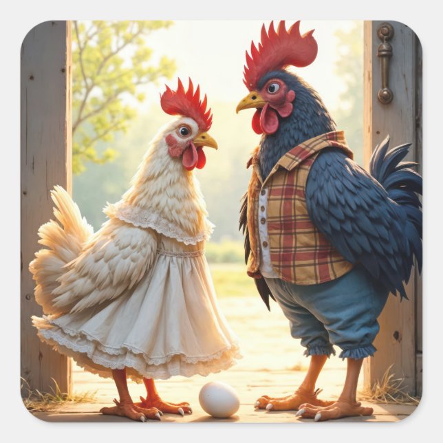 Sticker Carré Rooster et Humour Hen (Devant)
