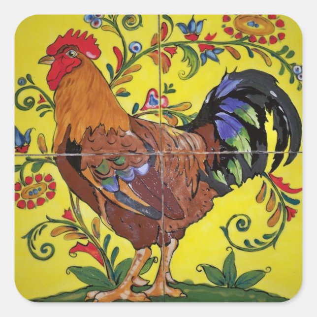 Sticker Carré Rooster Jaune Carrelage Floral Folk Art Pays (Devant)