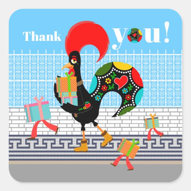 Sticker Carré Rooster portugais avec cadeaux 1ère fête d'anniver (Devant)