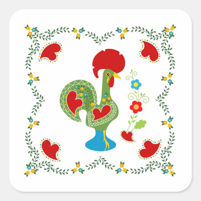 Sticker Carré Rooster portugais de la chance en vert (Devant)