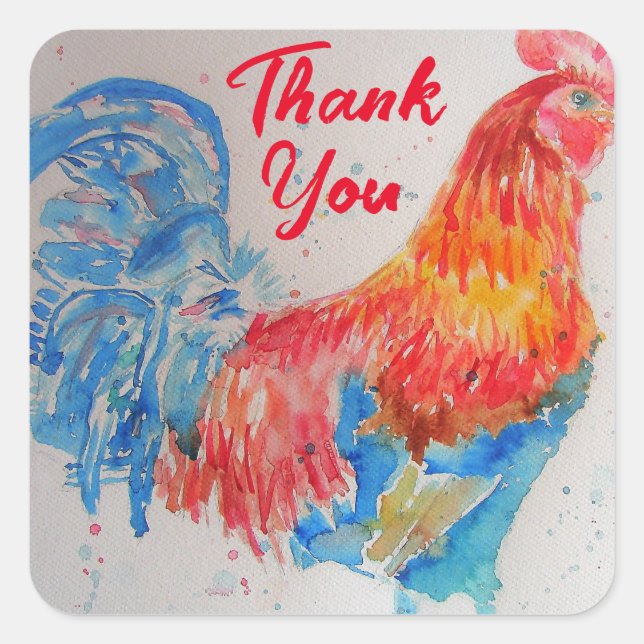 Sticker Carré Rooster rouge Aquarelle Peinture Merci (Devant)