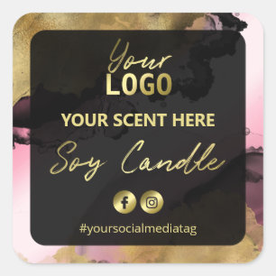 Sticker Carré Rose Avec Encre D'Or Chandelle De Soja Noir Étique