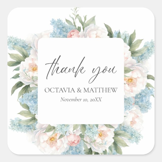 STICKER CARRÉ ROSE BLEUE DOUX FLEURS MARIAGE MERCI (Devant)