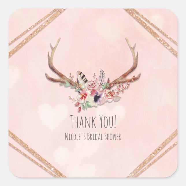 Sticker Carré Rose Blush Rose Floral Deer Antlers Boho Chic (Devant)