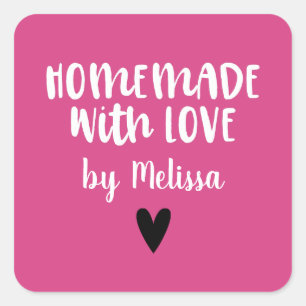 Sticker Carré Rose Chaud Fait Maison Avec Coeur D'Amour