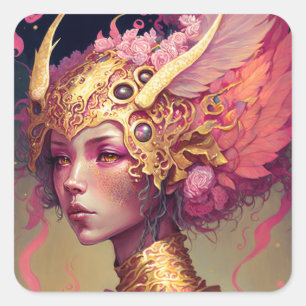 Sticker Carré Rose Dragon femme Imaginaire Art