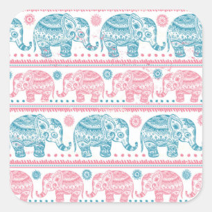 Sticker Carré Rose et motif ethnique turquoise d'éléphant